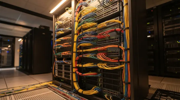 Server rack with organized network cables in a data center