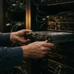 A technician's hands slide a rack server into a computer cabinet in a server room