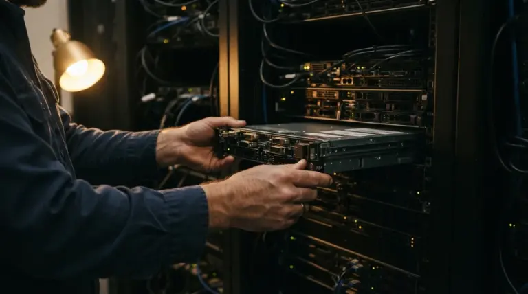 A technician's hands slide a rack server into a computer cabinet in a server room