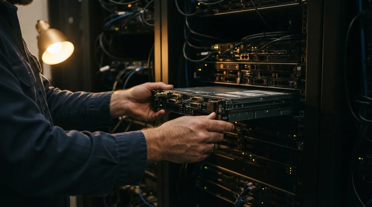 A technician's hands slide a rack server into a computer cabinet in a server room