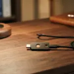 A premium hardware security key sits on a warm, dark wooden desk, illuminated by a focused beam from a desk lamp