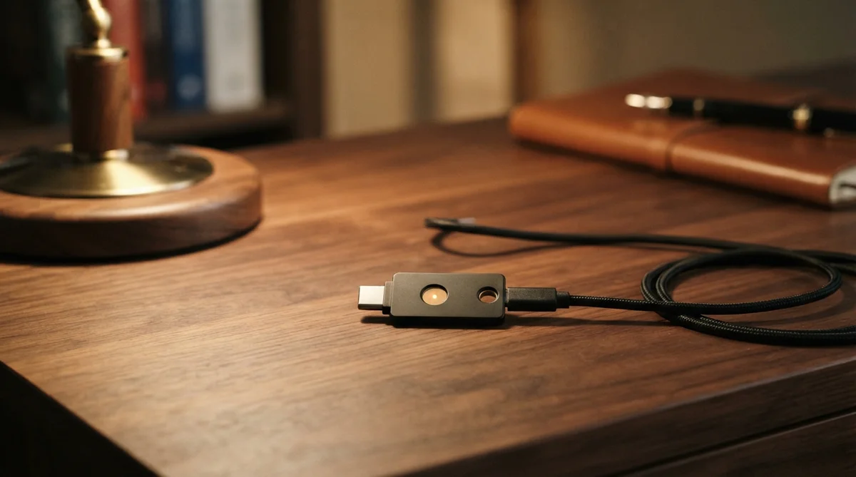 A premium hardware security key sits on a warm, dark wooden desk, illuminated by a focused beam from a desk lamp