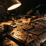 A computer motherboard rests on a workbench illuminated by a desk lamp with various tools in the background