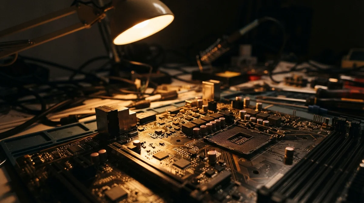 A computer motherboard rests on a workbench illuminated by a desk lamp with various tools in the background