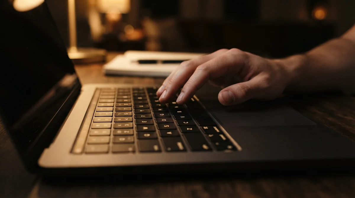 A close-up, low-angle shot of a laptop keyboard, softly lit by a focused, warm desk lamp at night